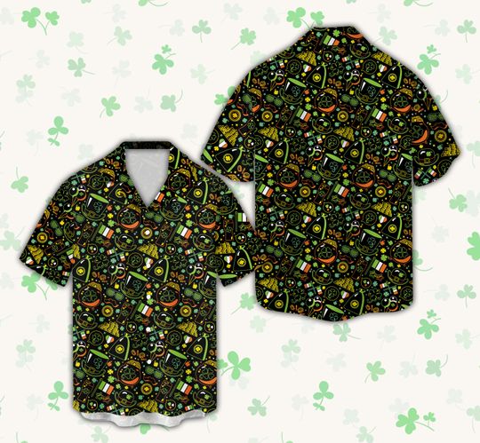 Discover Shamrock St Patrick's Day Hawaiian Shirt, Coins Gnomes Lucky Shamrock Button Up Shirt