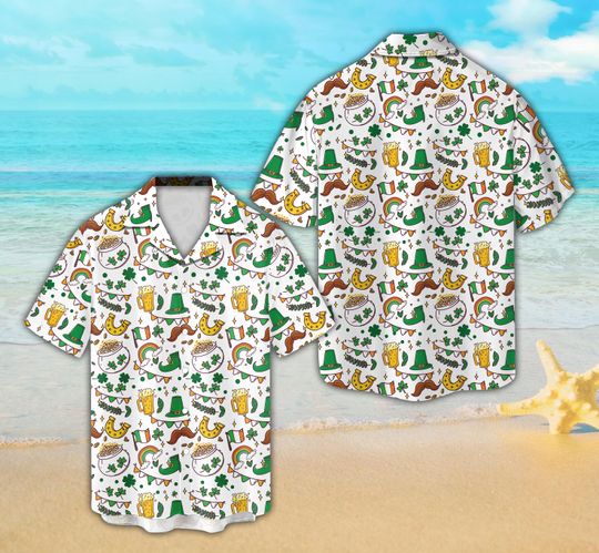 Discover Happy St Patrick's Day Hawaiian Shirt, Coins Gnomes Lucky Shamrock Button Up Shirt