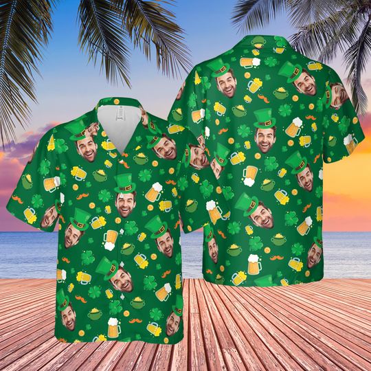 Discover Custom Face Drinking St Patrick Hawaiian Shirt, Personalized St Patrick Beer