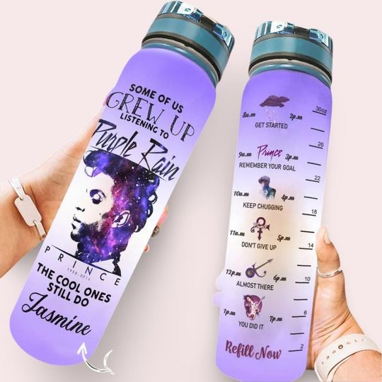 Discover Prince Water Tracker Bottle, Pur Rain Water Bottle, Personalized Prince Purple Bottle