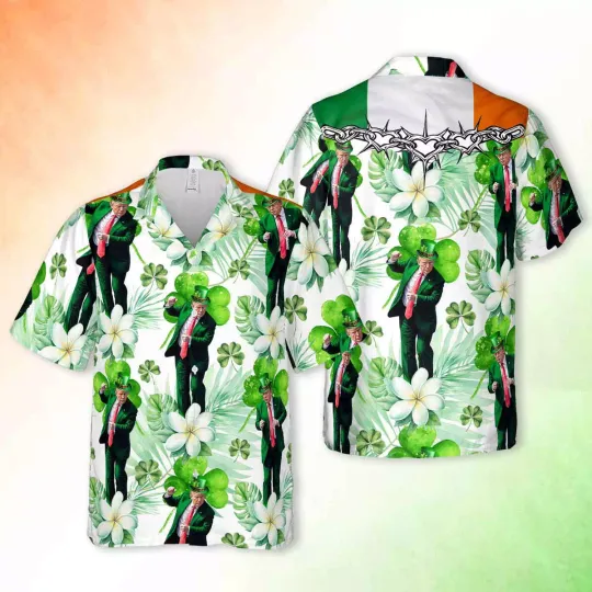 Discover Funny Trump Dancing Tropical Flowers Happy St. Patrick's Day Hawaiian Shirt