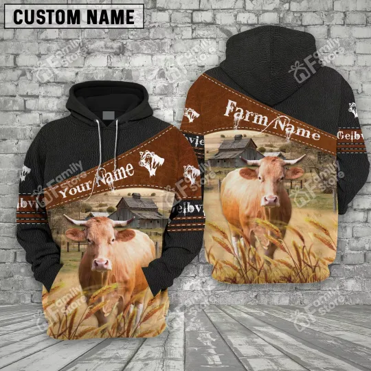 Discover Personalized Gelbvieh On Farm Printed 3D Black Hoodie