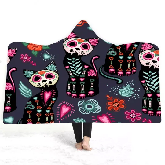 Discover Holiday Gothic Cool Scary Cat Skeleton Skull Sherpa Fleece Hooded Blanket Throw