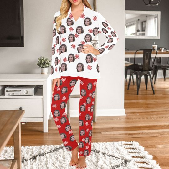 Discover Custom Pajamas, Personalized Long Pajama Set, Face Photo Women's PJs