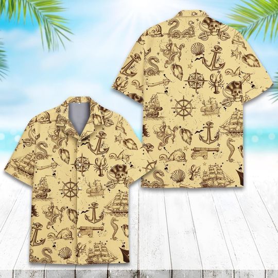Discover Vintage Nautical Compass Ship Hawaiian Shirt Men Women Youth, Sailing Adventure Button Down Short Sleeve