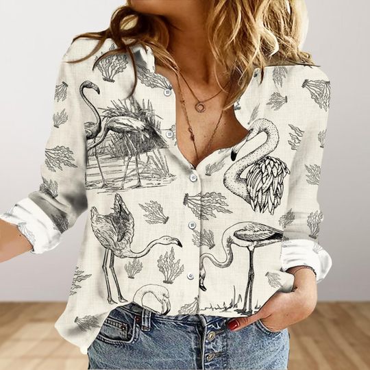 Discover Flamingo Shirt, Flamingos Linen Shirt, Pink Flamingo Women Blouses