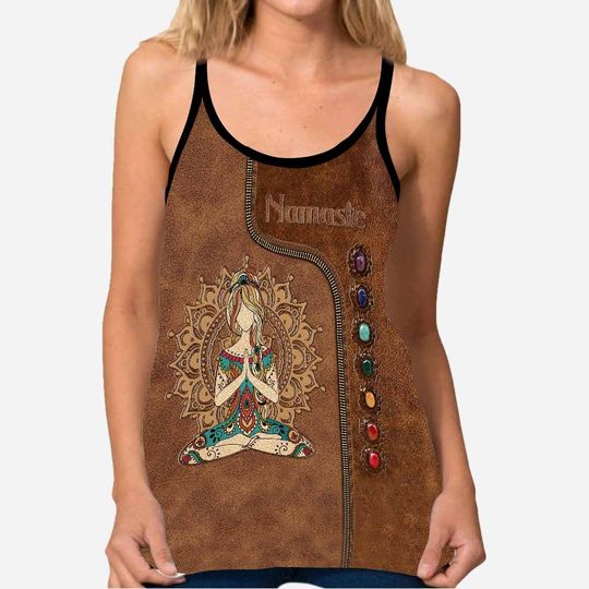 Discover Namaste Leather Pattern Print Cross Tank Top