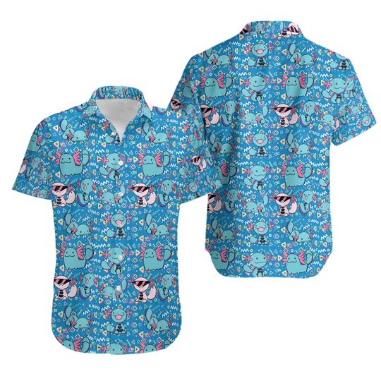 Discover Blue Axolotl Character 3D All Over Printed Hawaiian Shirt, Pocket Monster Character Aloha