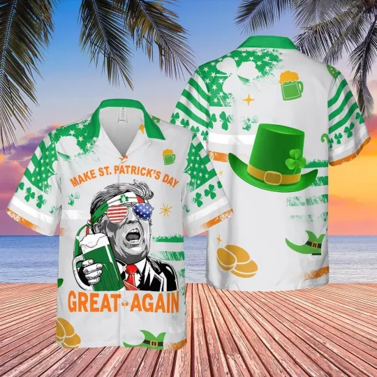 Discover Donald Trump Happy St Patrick's Day Hawaiian Shirt