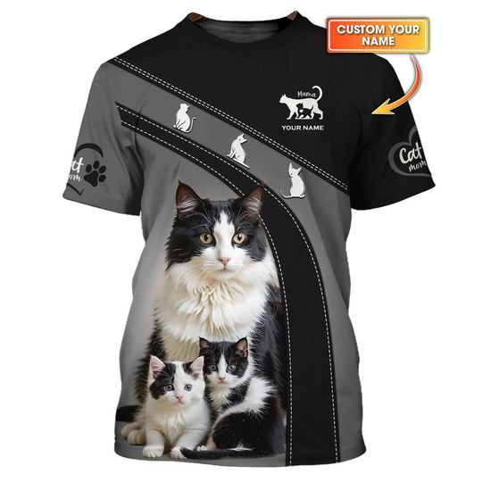 Discover Custom Cat Mom 3D T-Shirt - Personalized Design with Mama Cat and Kittens