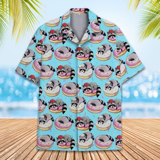 Discover Cute Raccoon Hawaiian Shirt Men Women Youth, Donut And Raccoon Printed Shirt