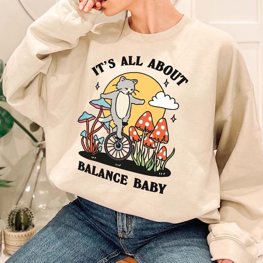 Discover Balance Baby Cat Sweatshirt, Retro Jumper, Cute Mushroom Sweatshirt