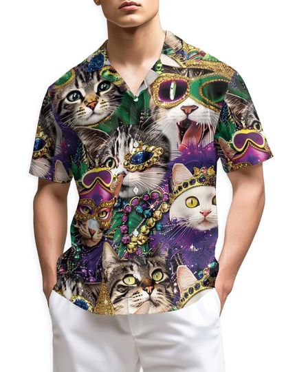 Discover Funny Cat Mardi Gras Hawaiian Shirt, Tropical Vacation Shirt