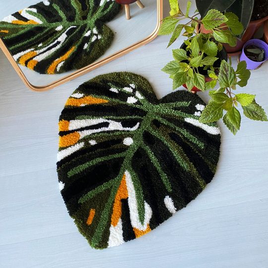 Discover Monstera Tufted Rug, Custom Flower Tufted Rug, Handmade Tufted Rug, Leaf Tufted Rug