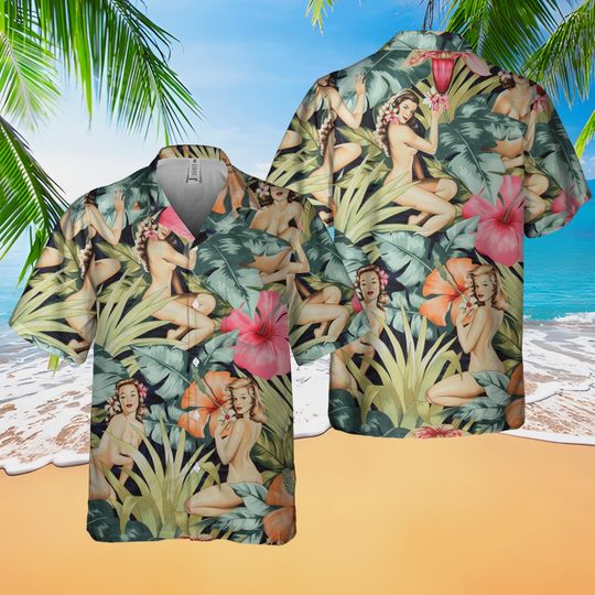 Discover Vintage Pin-Up Hawaiian Shirt, Tropical Aloha Beach Shirt, Retro Floral Print Button Up