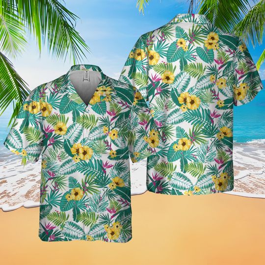 Discover Tropical Floral Hawaiian Shirt, Summer Beach Aloha Shirt, Green Leaf Yellow Hibiscus