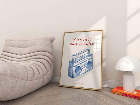 Discover Play It Twice Poster | Red and Blue Print | Retro Music Wall Art