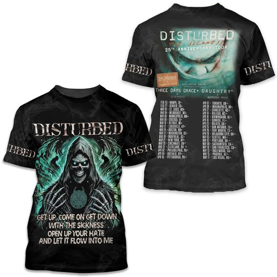 Discover Disturbed 2025 Tour Date 3D Printed T-Shirt