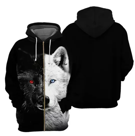 Discover Black And White Wolf 3D All Over Printed Hoodie,Wolf lover Gift, Xmas Zip Hoodie