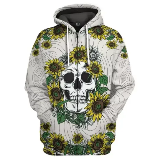 Discover 3D Sunflower Skull Hoodie, Xmas Gift, Unisex Full Size, Skull 3D Zip Hoodie