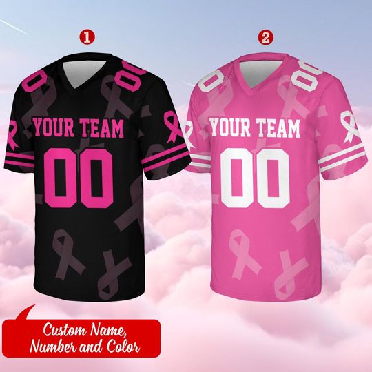Discover Personalized Hope Breast Cancer Team Name And Number Football Jersey, Custom Pink Ribbon Football Jersey Shirt