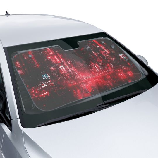 Discover Neon Red Cyberpunk City Car Windshield Shade - Windshield Cover