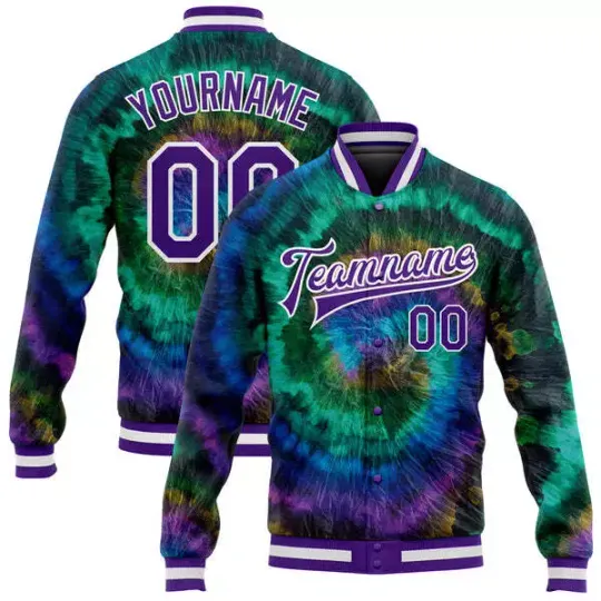 Discover Custom Tie Dye Purple-White Rainbow 3D Baseball Jacket