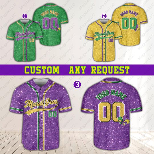 Discover Personalized Faux Glitter Mardi Gras Baseball Jersey, Custom Name Parade Crew Baseball Jersey, Team Carnival Jersey