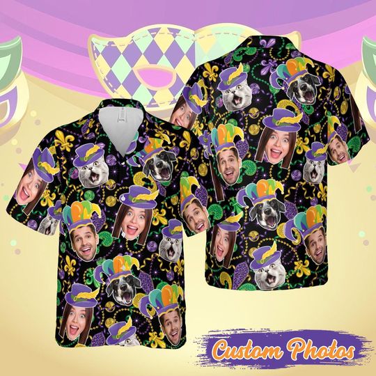 Discover Custom Face Mardi Gras Carnival Hawaiian Shirt, Personalized Jester Hat Button Up Shirt, Parade Crew Carnival Shirt