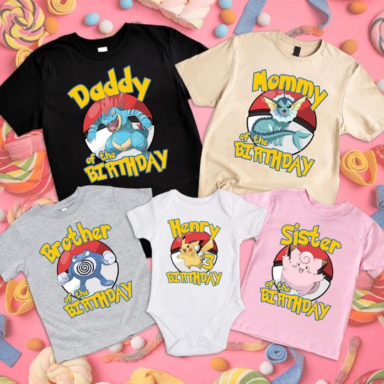 Discover Custom PKM Birthday Shirt, PKC T-Shirt, Anime Cartoon Shirt PKM Shirt, Custom Birthday Boy Shirt, Custom Family Birthday Shirt