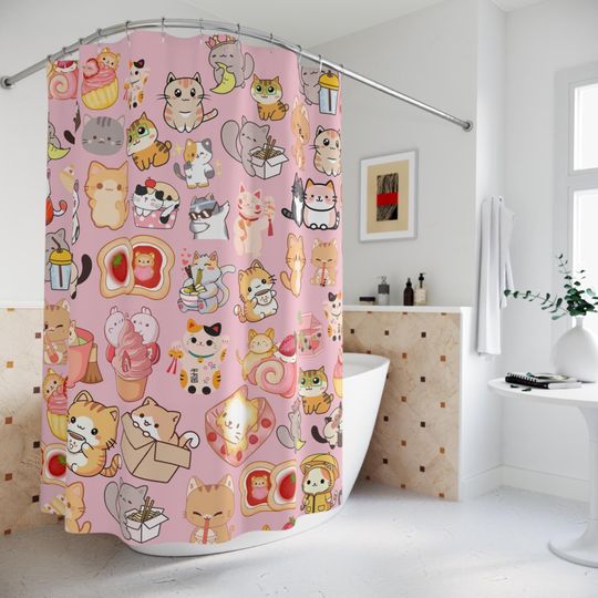 Discover Pink Anime Shower Curtain Girly Kitty Gifts Japanese Cute Girl Bathroom Cats Lofi