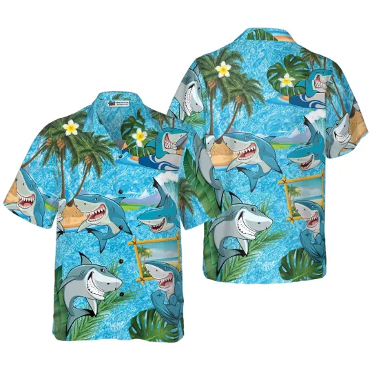Discover Sharks On The Beach Hawaiian Shirt