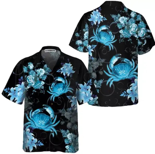Discover Crab In Blue Hawaiian Shirt, Floral Crab Hawaiian Shirt