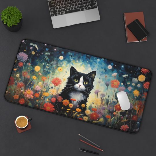 Discover Tuxedo Cat Gaming Deskmat, Floral Cat Desk Mat, Flower Cat Gaming Mouse Pad