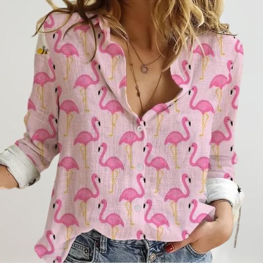 Discover Flamingo Shirt Women, Pink Birds Casual Shirt, Cute Flamingo Blouse Women Shirt