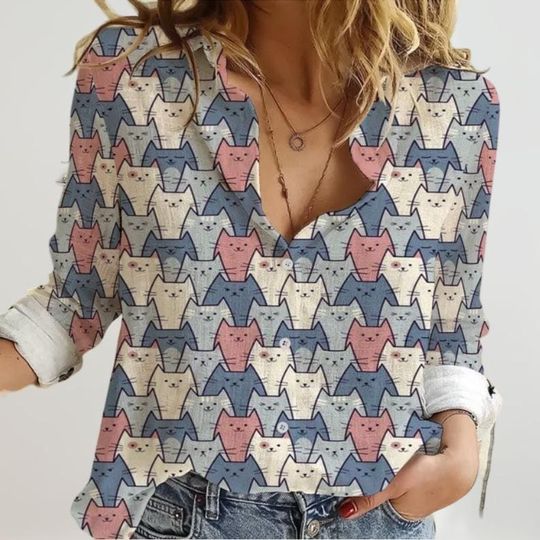 Discover Cat Shirt, Cute Cat Casual Shirt, Meowy Women Shirt, Long Sleeve Shirt For Women