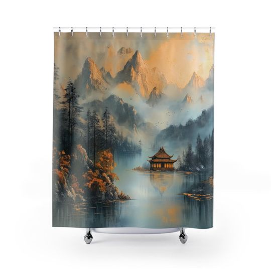 Discover Serene Mountain Pagoda Shower Curtain, Bathroom Decor