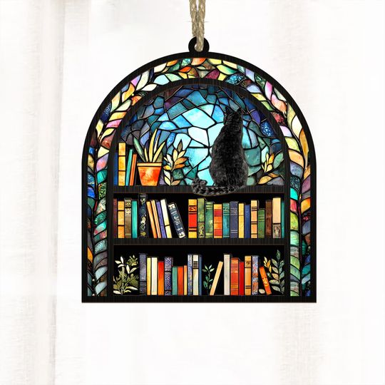 Discover Personalized Cat Book Suncatcher Ornament, Custom Reading Cat Acrylic Window Hanging