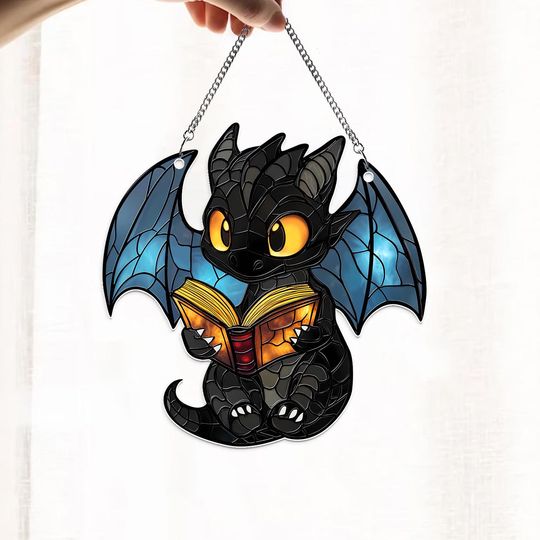 Discover Reading Book Dragon Suncatcher Ornament, Fantasy Dragon Acrylic Window Hanging