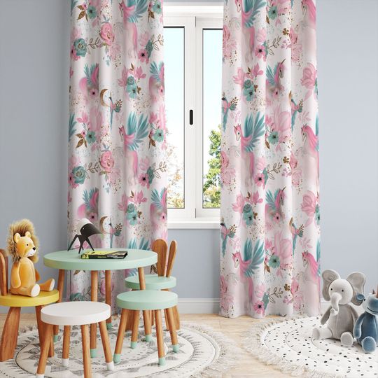 Discover Pink Unicorn,Florial curtains, Kids Room Curtain, Baby Boy Nursery Decor, Room Curtains