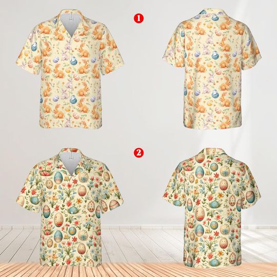 Discover Cottage Core Easter Hawaiian Shirt, Bunny Easter Eggs Button Up Shirt, Retro Floral Easter Hawaiian Shirt
