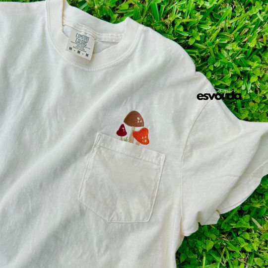 Discover comfort colors embroidered mushroom pocket tshirt, cute every day mushroom tee, plant lover gift