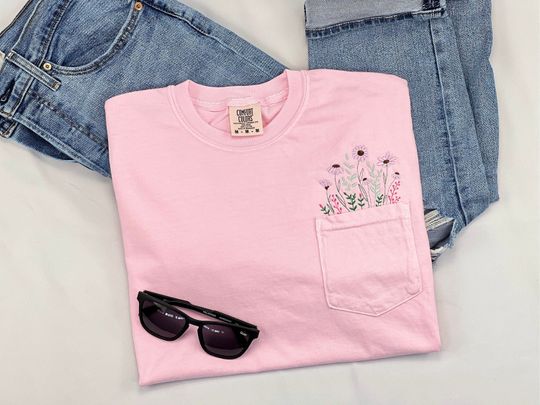 Discover Wildflower Pocket Shirt, Comfort Colors Embroidered Tshirt, Embroidered Flower Shirt