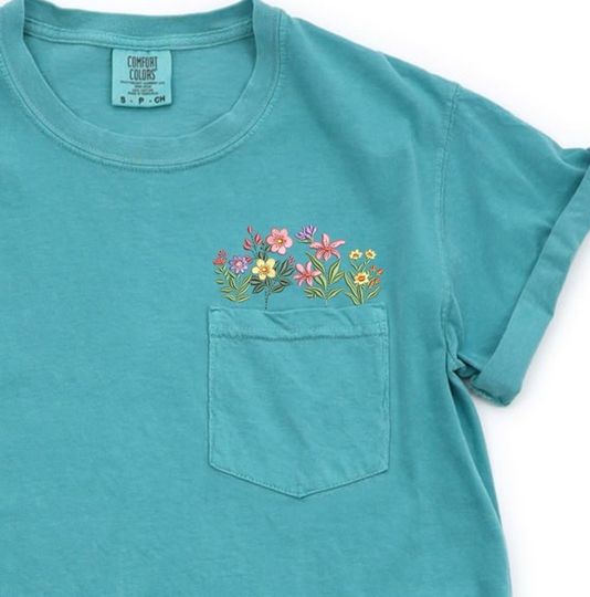 Discover Embroidered Wildflower Tshirt  with Pocket Comfort Colors