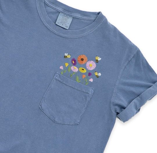 Discover Embroidered Wildflower Tshirt  with Pocket Comfort Colors
