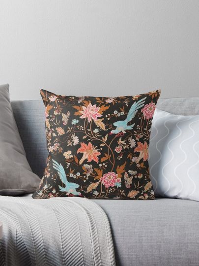 Discover BLUE BIRDS,POMEGRANATE FLOWERS AND BUTTERFLIES Antique Floral Pattern Pillow