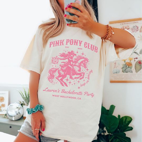 Discover Pink Pony Club Bachelorette Shirt, Retro Western Disco Cowgirl