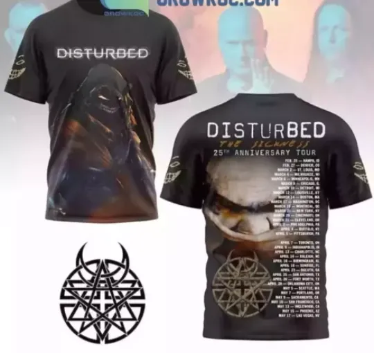 Discover Disturbed The Sickness 25th Anniversary Tour 2025 3D T-Shirt