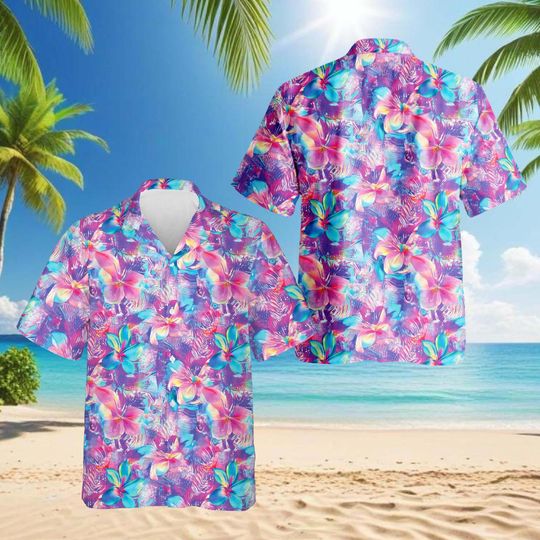 Discover Neon Flower Hawaiian Shirt For Men, Tropical Vacation Shirt