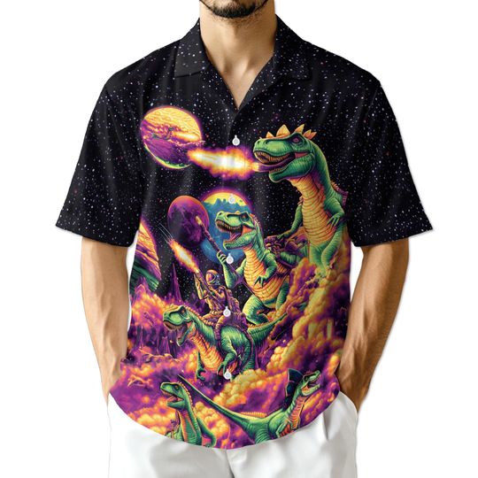 Discover Galaxy Dinosaurs Hawaiian Shirt For Men, Tropical Vacation Shirt